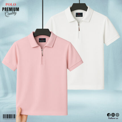 ZIP NECK POLO - Solid Pink & White