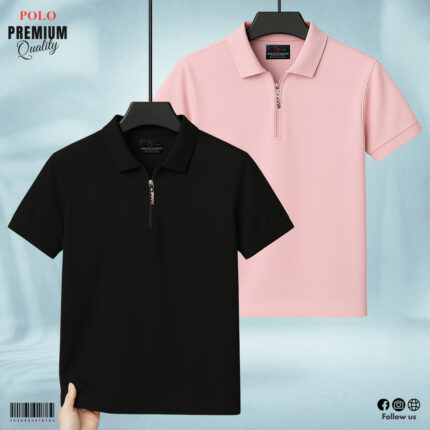 ZIP NECK POLO - Solid Pink & Black