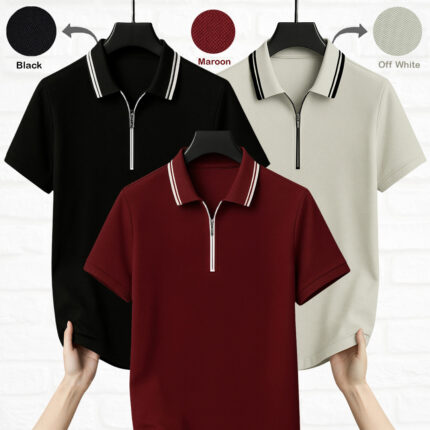 ZIP NECK POLO SHIRT - Black, Maroon & Off White