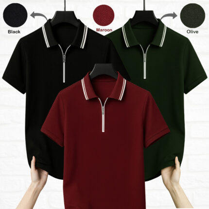 ZIP NECK POLO SHIRT - Black, Maroon & Olive